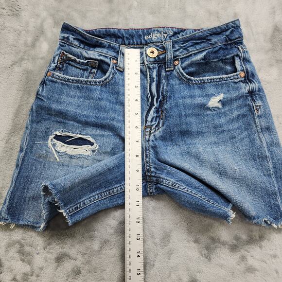 Maurices Edgely Shorts Womens 0 Blue High Rise Distressed Cut Off Stretch Denim - Picture 8 of 11
